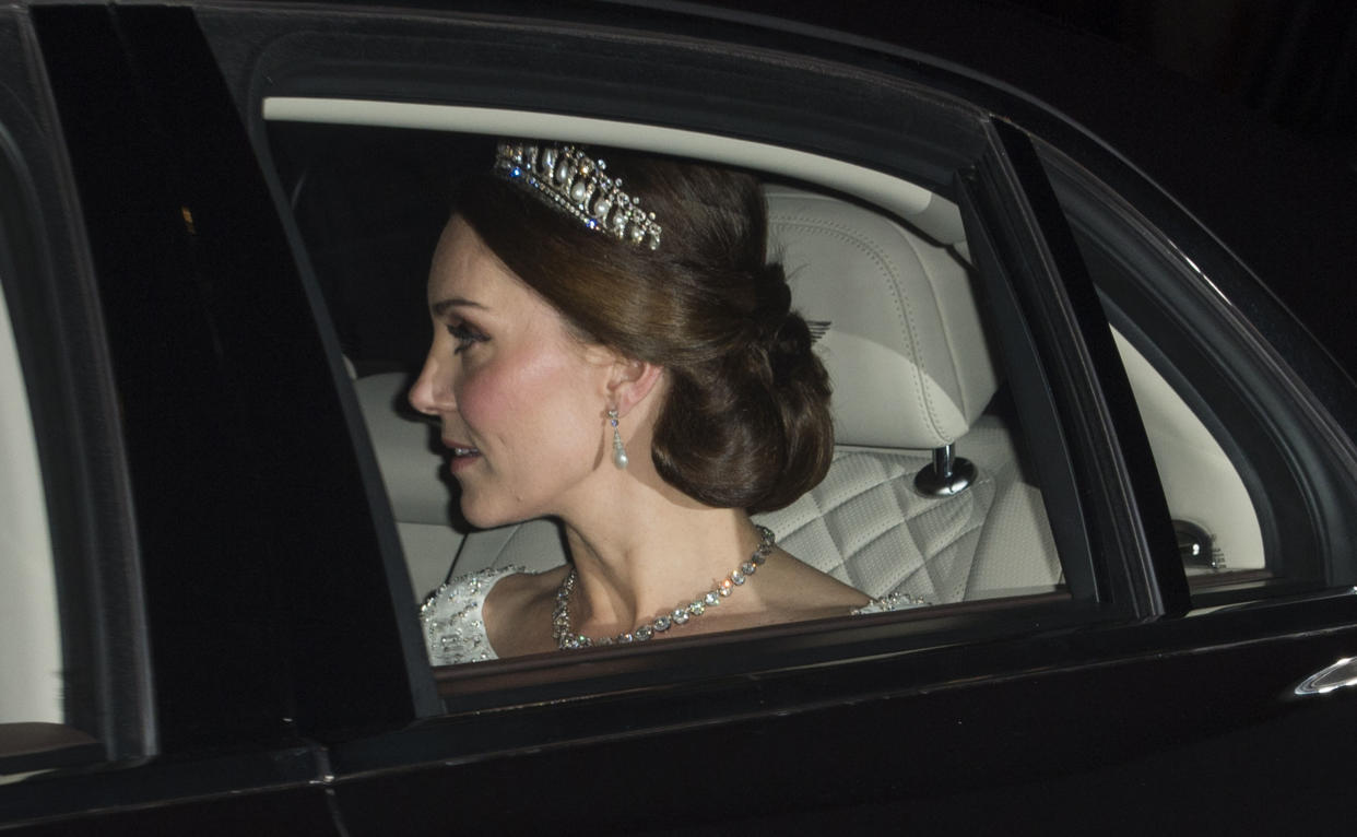 The Duchess of Cambridge borrowed Diana’s Cambridge Lover’s Knot tiara once again [Photo: Getty]