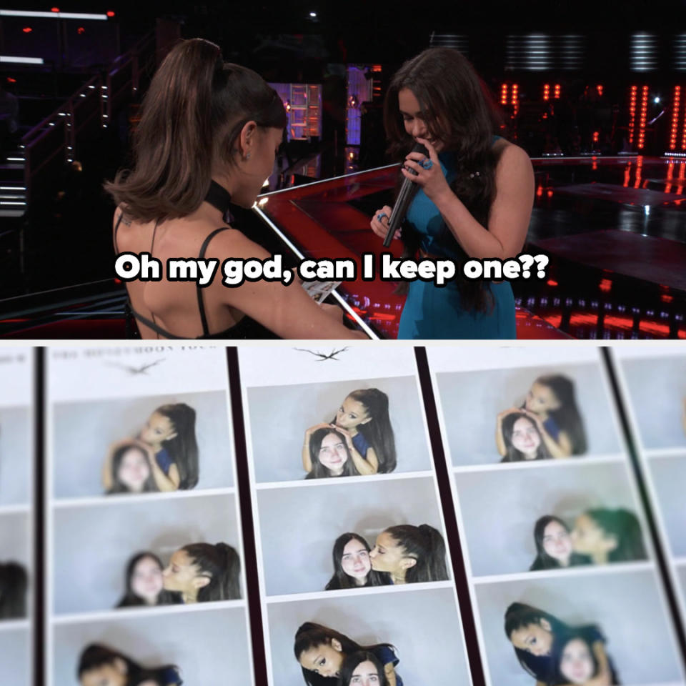 Ariana asks, "Oh my god, can I keep one??" as she looks at many small photos of her with the contestant