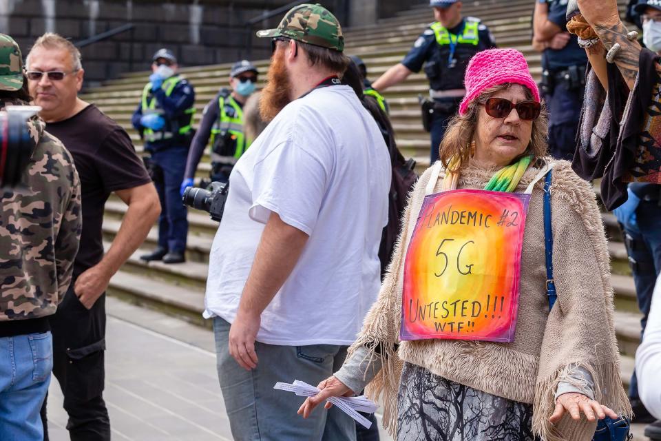 Many protesters blame 5G technology for the Coronavirus during the Coronavirus (COVID-19) Anti-Lockdown Protest at Parliament House in Melbourne on May 10, 2020.<span class="copyright">Speed Media/Icon Sportswire/Getty Images</span>