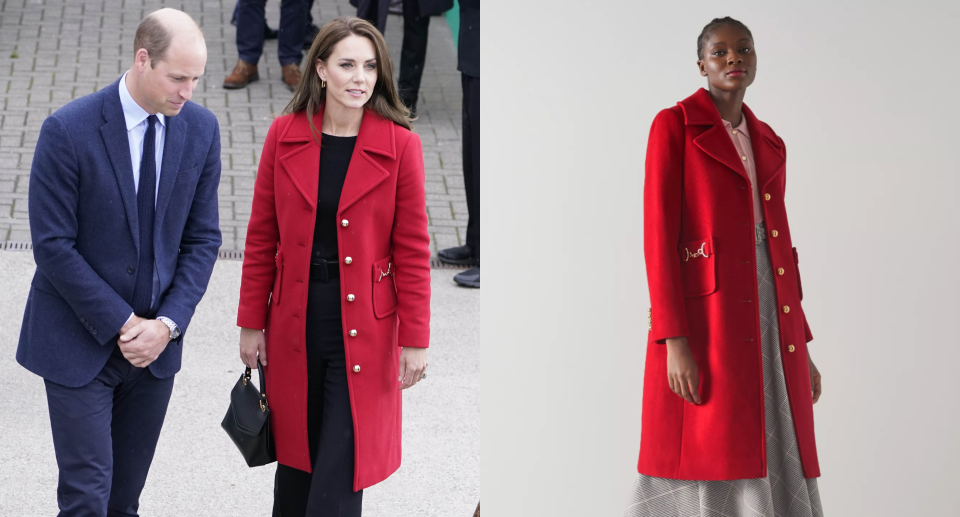 Kate Middleton wearing L.K.Bennett's Spencer Red Recycled Wool Blend Snaffle-Detail Coat (Photos via Getty & L.K.Bennett)

