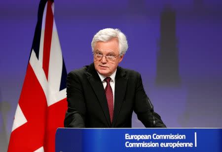 Britain's Secretary of State for Exiting the European Union David Davis addresses a joint news conference with European Union's chief Brexit negotiator Michel Barnier in Brussels, Belgium March 19, 2018. REUTERS/Francois Lenoir/Files