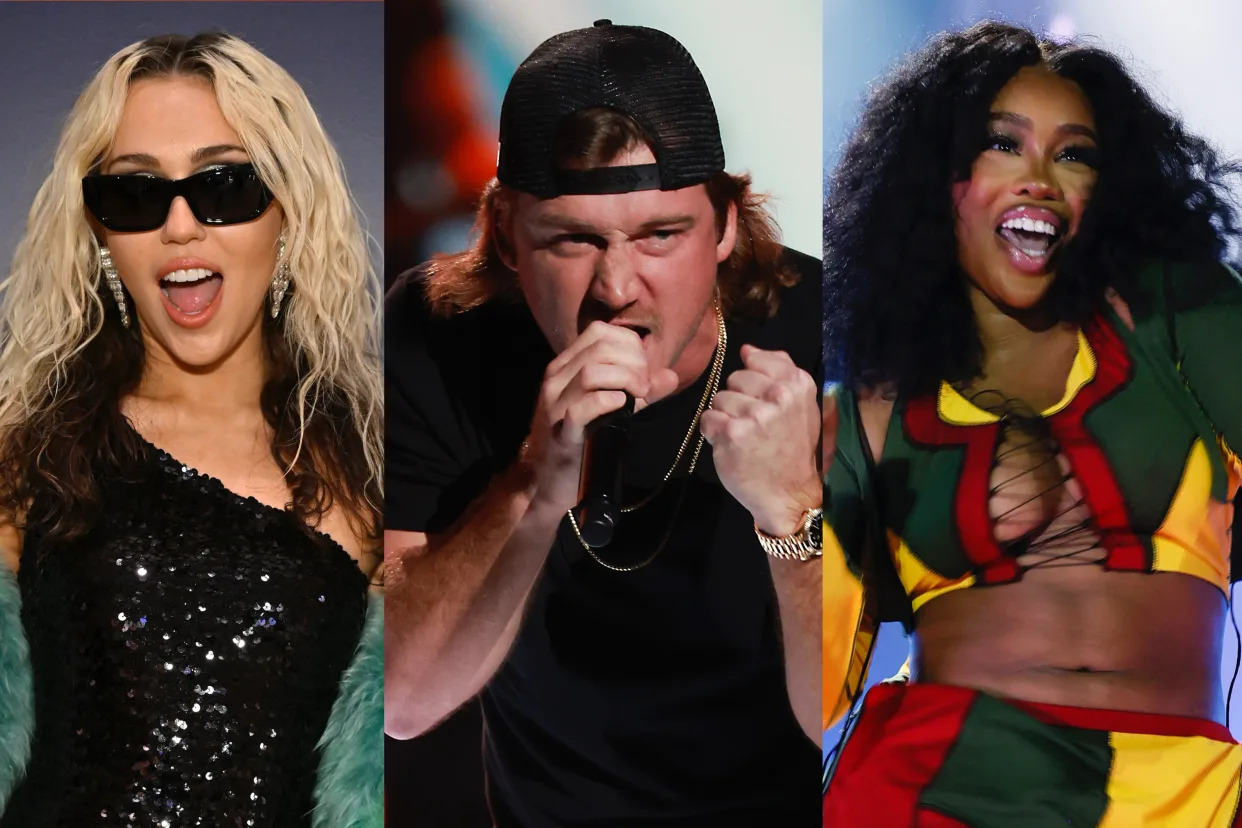 Miley Cyrus and SZA lead the 66th Grammy Awards nominees, while Morgan Wallen (center) is passed over again. (Getty Images)