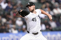 Chicago White Sox starting pitcher Garrett Crochet delivers during the first inning of the White Sox's home opener baseball game against the Detroit Tigers Thursday, March 28, 2024, in Chicago. (AP Photo/Charles Rex Arbogast)