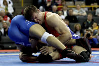 Jake Herbert (red) wrestles Travis Paulson (blue) in the 84 kg freestyle weight class during the finals of the US Wrestling Olympic Trials at Carver Hawkeye Arena (Matthew Stockman/Getty Images)