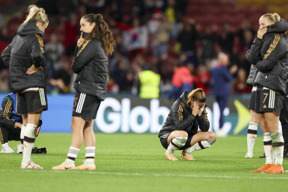 Germany's Chantal Hagel kneels on the pitch following the Women's World Cup Group H soccer match between South Korea and Germany in Brisbane, Australia, Thursday, Aug. 3, 2023. (AP Photo/Katie Tucker)