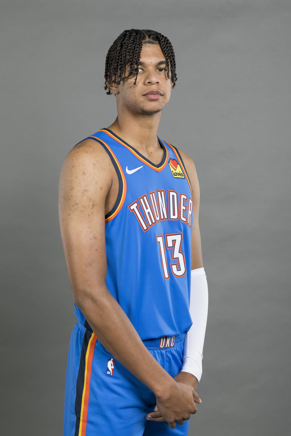 Oct 2, 2023; Oklahoma City, OK, USA; Oklahoma City Thunder forward <a class="link " href="https://sports.yahoo.com/nba/players/6701" data-i13n="sec:content-canvas;subsec:anchor_text;elm:context_link" data-ylk="slk:Ousmane Dieng;sec:content-canvas;subsec:anchor_text;elm:context_link;itc:0">Ousmane Dieng</a> (13) poses for a photo during media day at Oklahoma City Convention Center. Mandatory Credit: Alonzo Adams-USA TODAY Sports