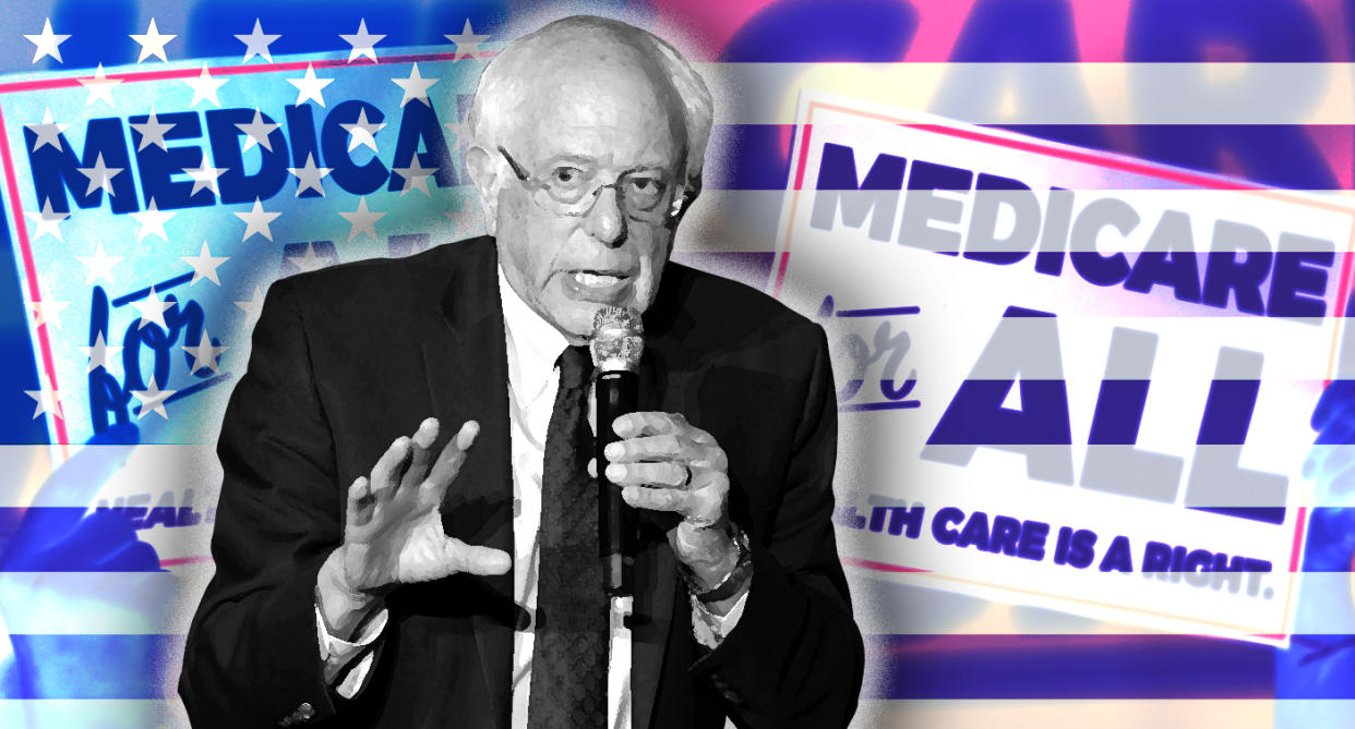 Sen. Bernie Sanders. (Photo illustration: Yahoo News; photos: Ronen Tivony/SOPA Images/LightRocket via Getty Images; Aaron P. Bernstein/Reuters; AP)