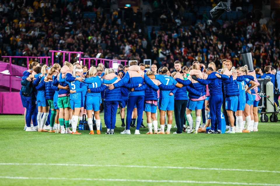 SYDNEY, AUSTRALIA - AUGUST 20: England players console after being beaten by in the final of the FIFA Women's World Cup Australia & New Zealand 2023 at Stadium Australia on August 20, 2023. (Photo credit should read Chris Putnam/Future Publishing via Getty Images)