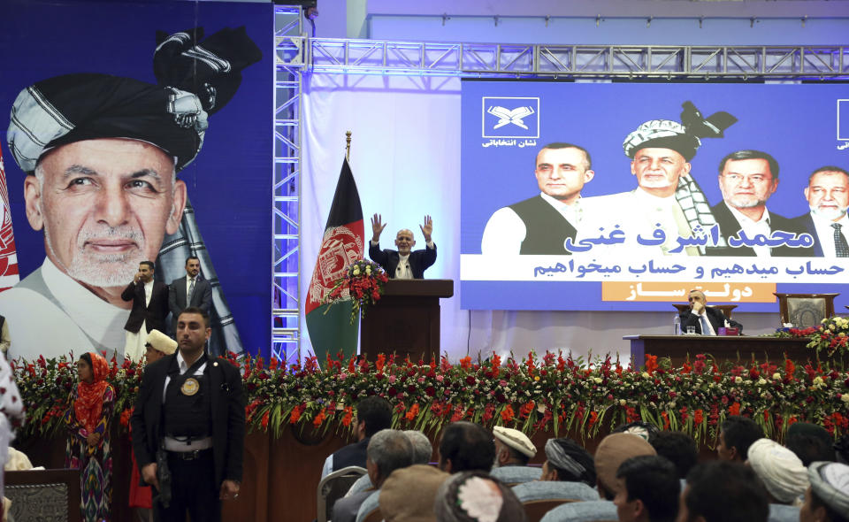 Afghan presidential candidate Ashraf Ghani speaks during the first day of campaigning in Kabul, Afghanistan, Sunday, July 28, 2019. Sunday marked the first day of campaigning for presidential elections scheduled for Sept. 28. President Ghani is seeking a second term on promises of ending the 18-year war but has been largely sidelined over the past year as the U.S. has negotiated directly with the Taliban. (AP Photo/Rahmat Gul)