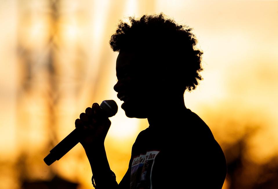 Louisville singing phenom D'Corey Johnson sang the national anthem before the Louisville Orchestra performed at Louisville's 4th of July celebration on the Great Lawn on Tuesday, July 4, 2023.