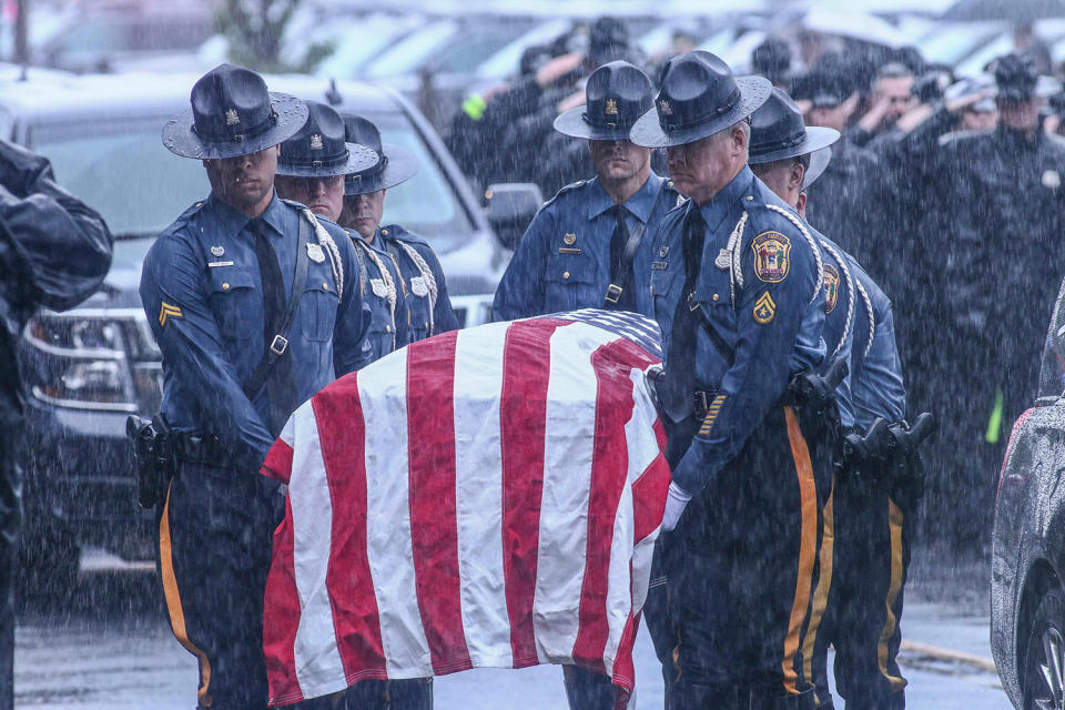 <p>Fellow troopers carry the casket of Corporal Stephen J. Ballard during his funeral services held at the Chase Center On The Riverfront in Wilmington Delaware, May 5, 2017. Ballard was gunned down on April 26, 2017 in a Bear-area (Photo: Saquan Stimpson via ZUMA Wire) </p>