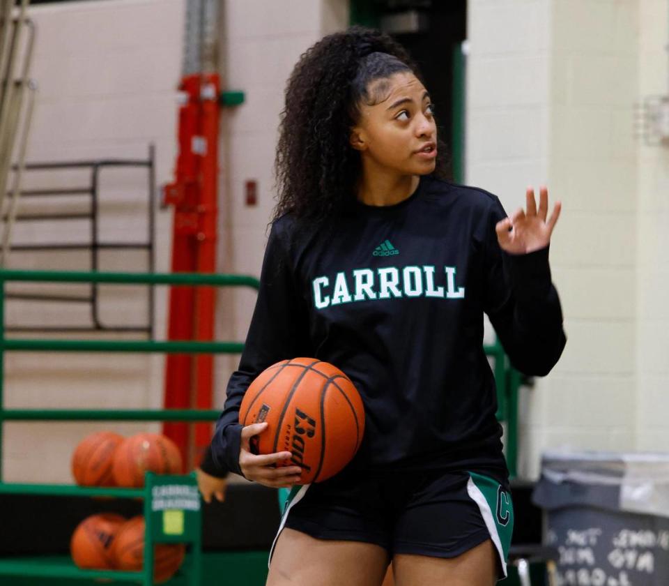 Milania Jordan counts on her fingers during basketball practice at Southlake Sr. High School in Southlake, Texas, Tuesday, Feb. 06, 2024.