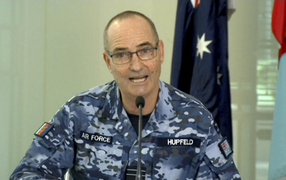 In this image made from video provided by Australian Department of Defence, Australian Defense Force Chief of Joint Operations, Air Marshall Mel Hupfeld talks to journalists in Canberra on Friday, Oct. 12, 2018. Australia has assigned a guided missile frigate to the East China Sea to boast international efforts to enforce sanctions against North Korea, an Australian officer said on Friday. Hupfeld said the warship with a crew of 230 will be supported by two Australian AP-3C Orion surveillance aircraft based in Japan.(Australian Department of Defence via AP)