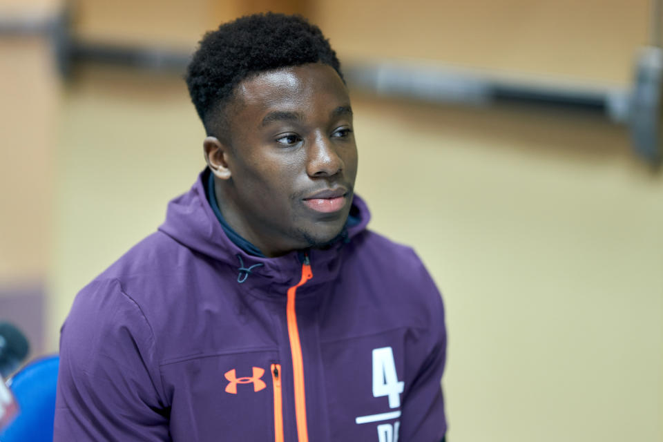 INDIANAPOLIS, IN - MARCH 03: Washburn cornerback Corey Ballentine answers questions from the media during the NFL Scouting Combine on March 03, 2019 at the Indiana Convention Center in Indianapolis, IN. (Photo by Robin Alam/Icon Sportswire via Getty Images)