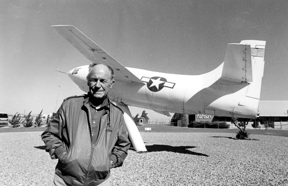 FILE - In this Sept. 4, 1985, file photo, Chuck Yeager, the first pilot to break the sound barrier in 1947, poses at Edwards Air Force Base, Calif., in front of the rocket-powered Bell X-IE plane that he flew. Yeager died Monday, Dec. 7, 2020, at age 97. (AP Photo/Douglas C. Pizac, File)