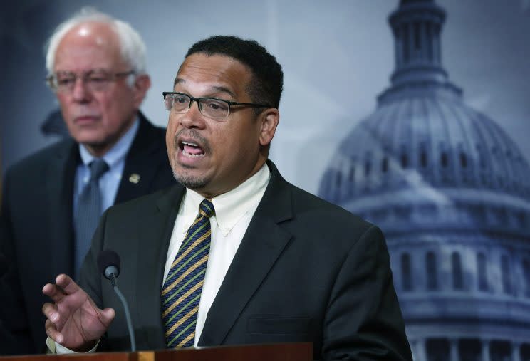 U.S. Sen. Bernie Sanders (I-VT) and Rep. Keith Ellison (D-MN) speak to members of the media during a news conference about private prisons September 17, 2015 on Capitol Hill in Washington, DC. The legislators announced that they will introduce bills to ban private prisons. (Alex Wong/Getty Images)