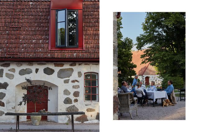 <p>Courtesy of WanÃ¥s</p> From left: One of the 18th-century barns that houses WanÃ¥s Restaurant Hotel; lunch in the hotel's garden.