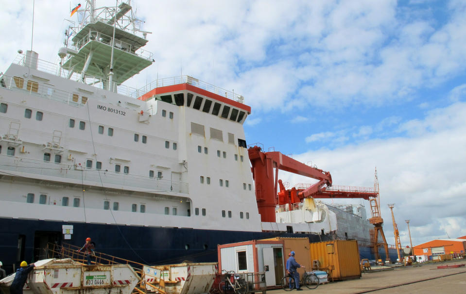 The German Arctic research vessel Polarstern is docked for maintenance in Bremerhaven, Germany, Wednesday, July 3, 2019. Scientists from 17 nations are preparing for a year-long mission to the central Arctic to study the impact that climate change is having on the frigid far north of the planet. Mission leader Markus Rex said that researchers plan to anchor the German icebreaker RV Polarstern to a large floe and set up camp on the ice as the sea freezes around them, conducting experiments throughout the Arctic winter. (AP Photos/Frank Jordans)