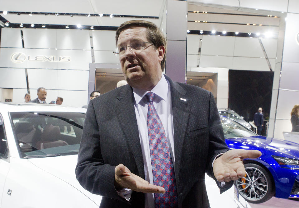 FILE - In this Jan. 11, 2016, file photo Toyota North America CEO Jim Lentz gives an interview within the Lexus display floor at the North American International Auto Show in Detroit. After 38 years in number of leadership roles with the company, Lentz is retiring, effective April 1, 2020. Lentz, 64, will step down in April as CEO of Toyota Motor North America, and will be replaced by Tetsuo “Ted” Ogawa, who currently chief operating officer, the company said Wednesday, Dec. 11, 2019. (AP Photo/Tony Ding, File)