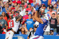 <p>T.J. Ward #43 of the Tampa Bay Buccaneers attempts to defend Logan Thomas #82 of the Buffalo Bills during the third quarter of an NFL game on October 22, 2017 at New Era Field in Orchard Park, New York. (Photo by Brett Carlsen/Getty Images) </p>