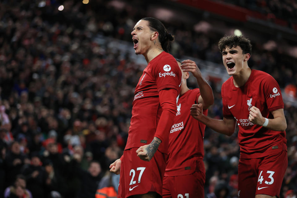 LIVERPOOL, ENGLAND - MARCH 01: Darwin Nunez of Liverpool (L) celebrates with Stefan Bajcetic of Liverpool (R) before seeing his goal disallowed during the Premier League match between Liverpool FC and Wolverhampton Wanderers at Anfield on March 1, 2023 in Liverpool, United Kingdom. (Photo by Simon Stacpoole/Offside/Offside via Getty Images)