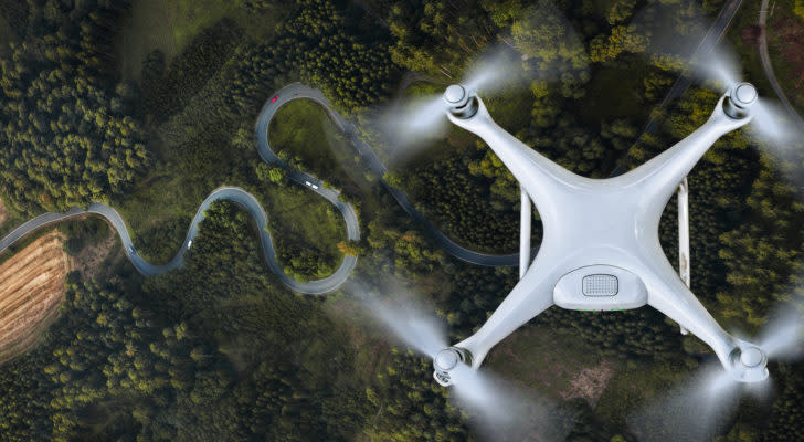 Drone flying over landscape representing uvas stock