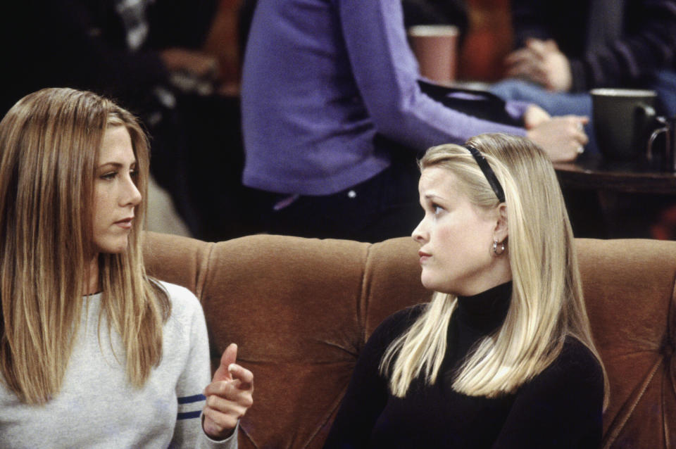 FRIENDS -- "The One with Rachel's Sister" Episode 13 -- Air Date 02/03/2000 -- Pictured: (l-r) Jennifer Aniston as Rachel Green, Reese Witherspoon as Jill Green  (Photo by NBC/NBCU Photo Bank via Getty Images)