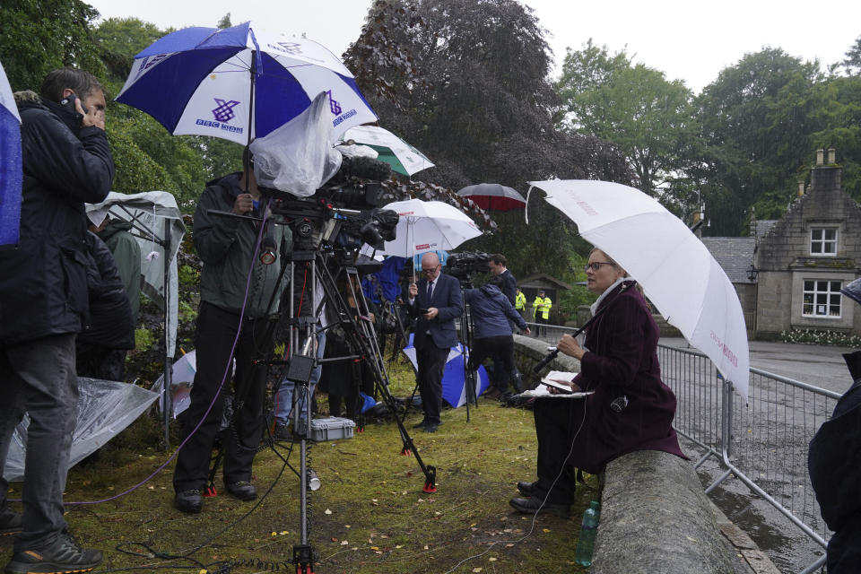 <p>Media continue to gather outside the gates of Balmoral in Scotland, Thursday, Sept. 8, 2022. Buckingham Palace says Queen Elizabeth II has been placed under medical supervision because doctors are âconcerned for Her Majestyâs health.â Members of the royal family traveled to Scotland to be with the 96-year-old monarch. (Andrew Milligan/PA via AP)</p> 