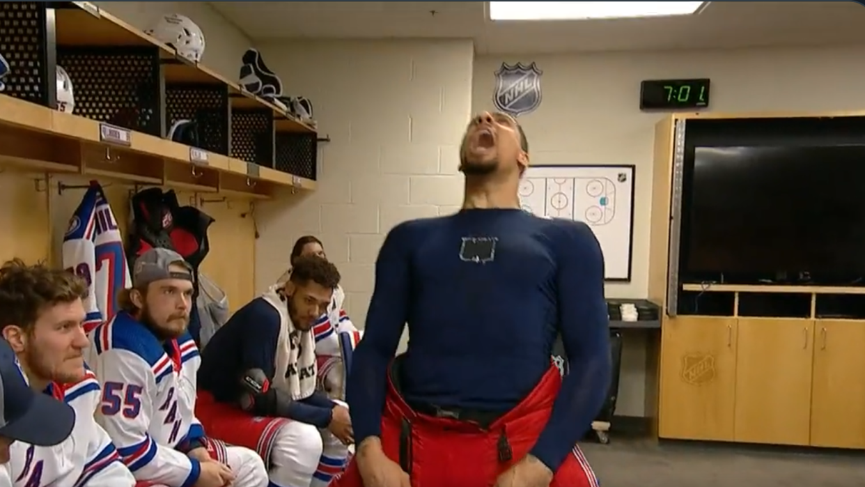 Rangers enforcer Ryan Reaves went full Bruce Buffer while announcing New York's starters in the dressing room ahead of their Game 6 win over the Pens. (Twitter/NHLOnTNT)