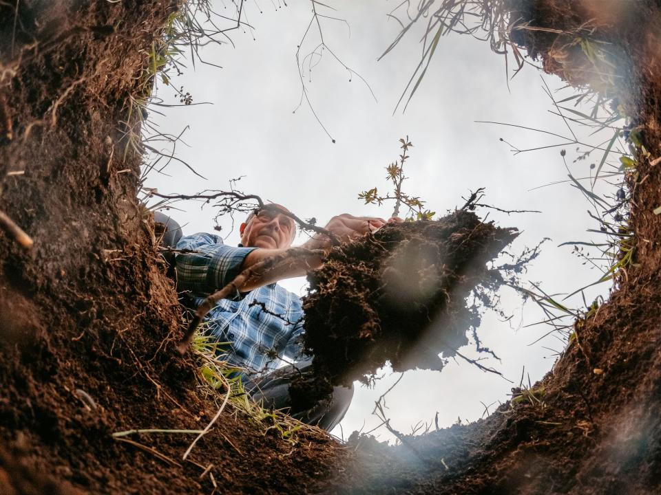 A camera placed underground looking up at a person shoveling dirt from the ground.