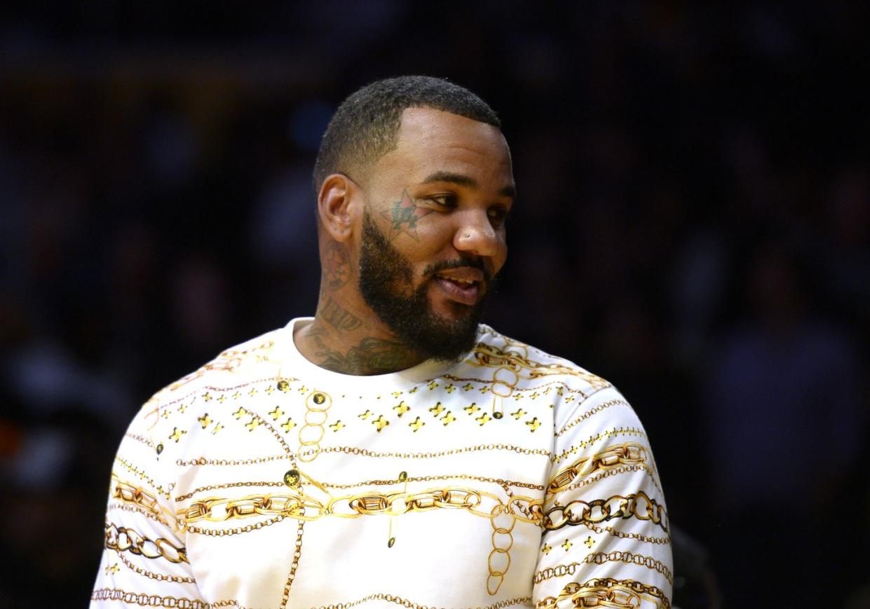 rapper the game attends portland trail blazers v los angeles lakers pre season basketball game