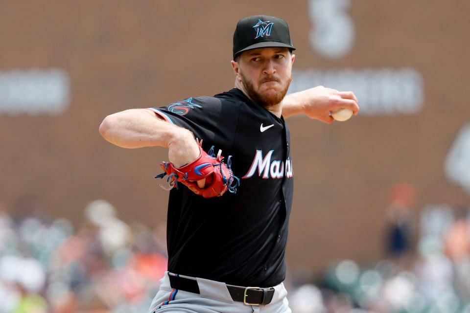 Miami Marlins pitcher Trevor Rogers pitches in the third inning against the Detroit Tigers at Comerica Park on Wednesday, May 15, 2024, in Detroit, Michigan.