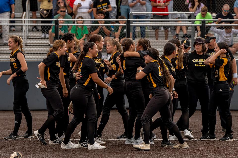 Mount St. Dominic takes on St. John Vianney in the softball state finals at Kean University in Union, NJ on Friday, June 9, 2023. St. John Vianney celebrates their 2-0 win. 