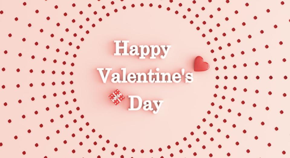 heart, gift, and white letters spelling happy valentine's day on pink surface encircled by red dots arranged in spoke pattern