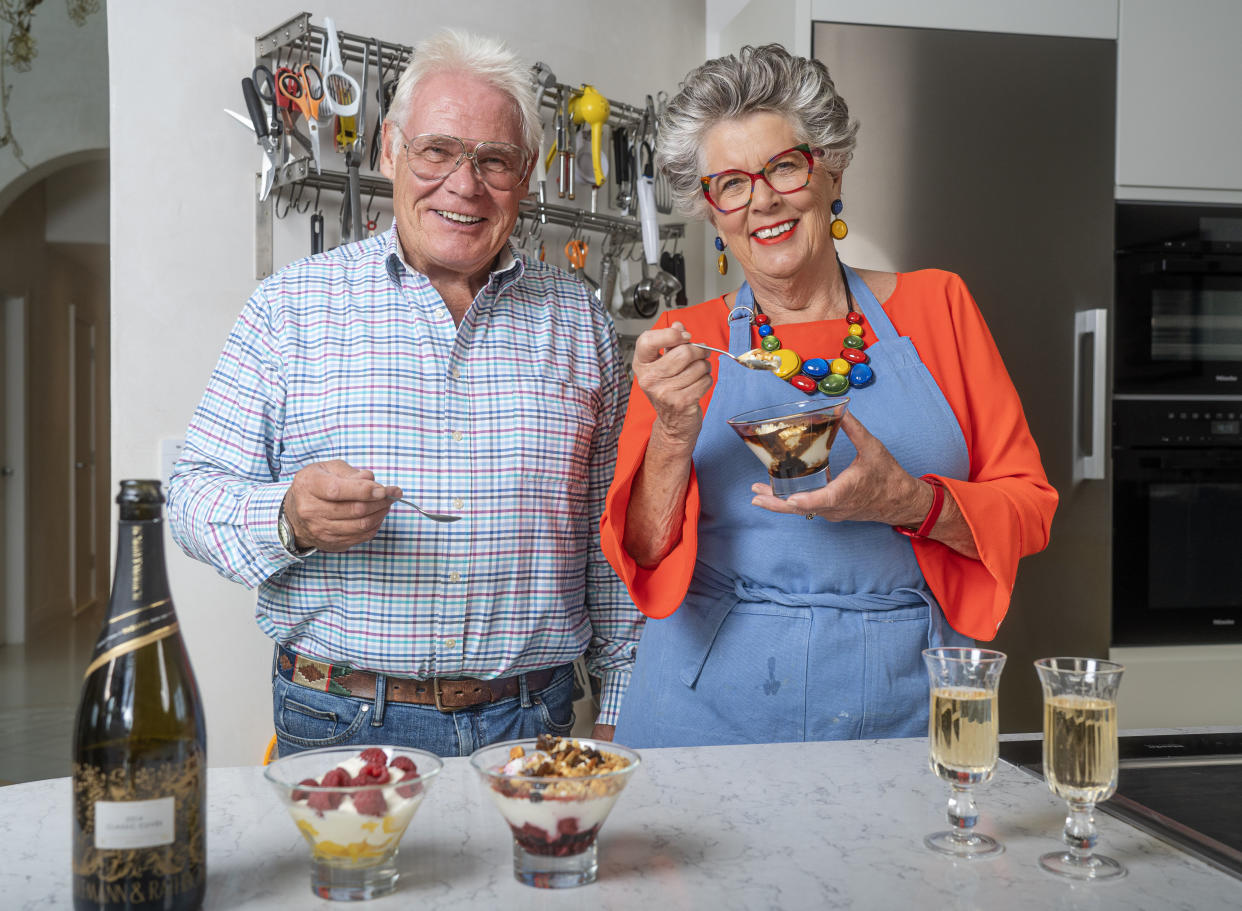 Prue Leith at home in her Cotswold Kitchen with her husband John. (ITV)