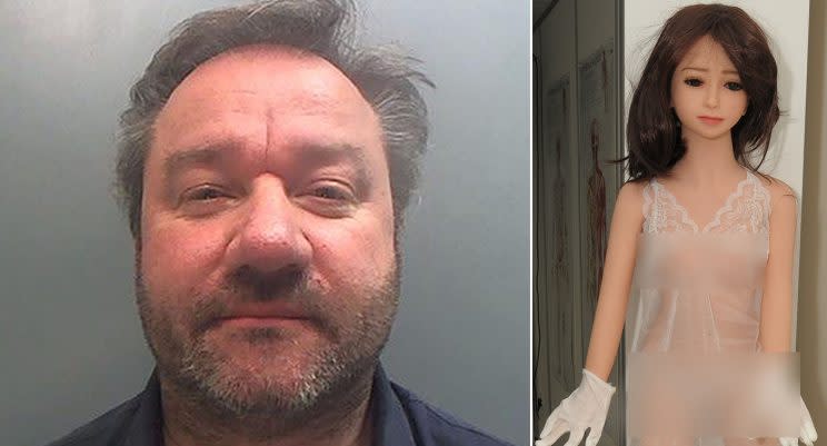 Andrew Dobson, 49, and the sex doll he tried to import into the UK. (PA)
