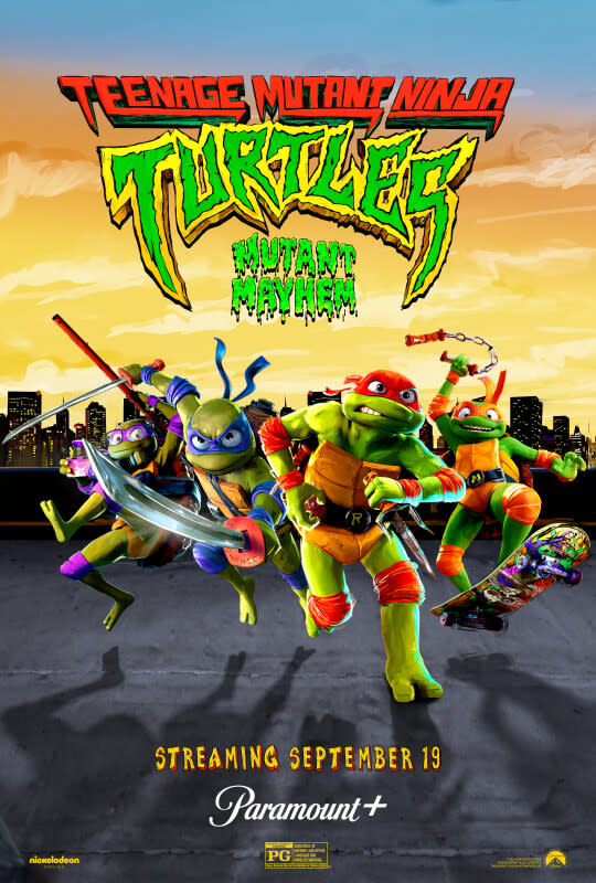 Key art for Teenage Mutant Ninja Turtles: Mutant Mayhem, presented by Paramount Pictures, Nickelodeon Movies and A Point Grey Production, streaming on Paramount+, 2023.