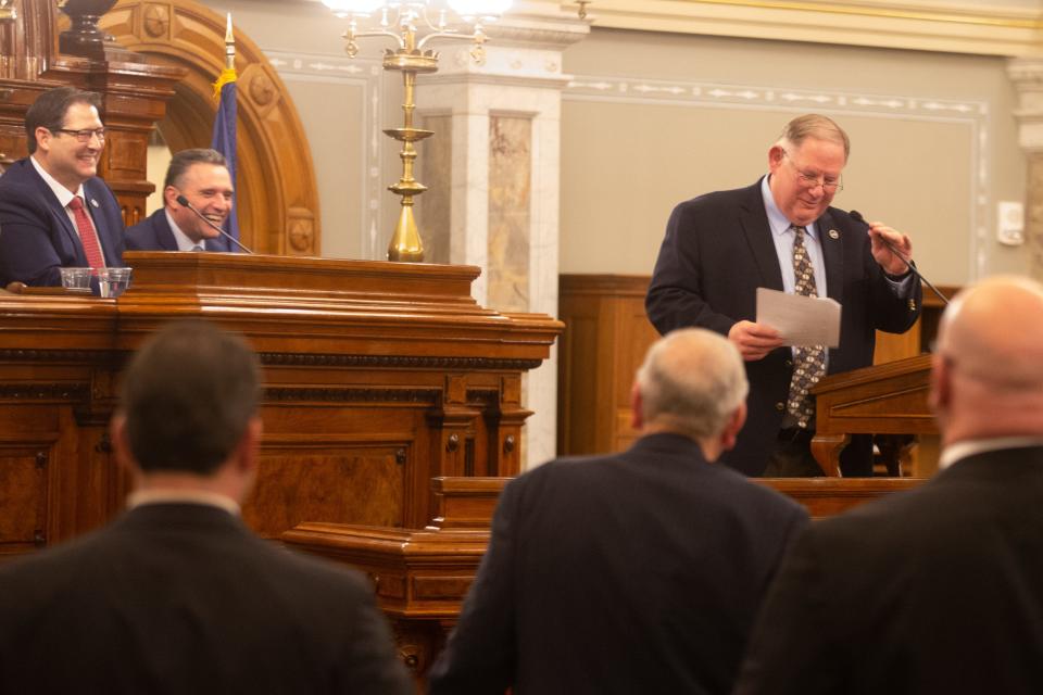 Kansas House Majority Leader Dan Hawkins, R-Wichita, jokes about a step Gov. Laura Kelly was using while giving the State of the State address before dismissing the house Tuesday evening.