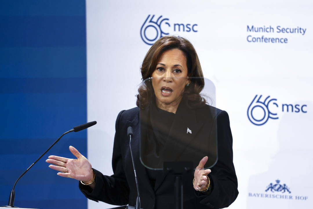 U.S. Vice President Kamala Harris speaks during the Munich Security Conference in Munich, Germany, Friday, Feb. 16, 2024. (Kai Pfaffenbach/Pool via AP)