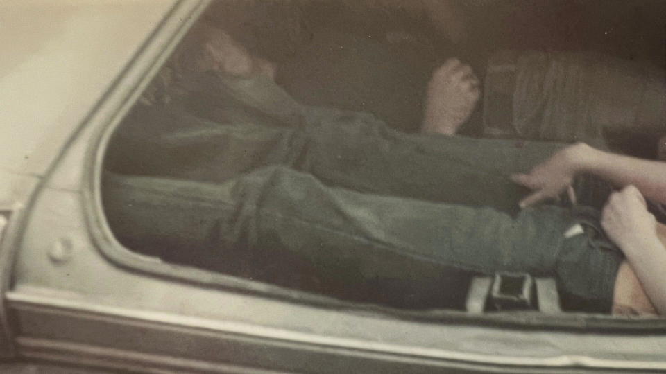 The jury was shown this photo police took of Karen and Sharon Sanders and Keith Laborde reenacting how they say they fit in Laborde's trunk on the night of the attack.  / Credit: Avoyelles Parish District Attorney's Office