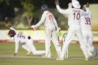 West Indies players appeal for the wicket of Zimbabwe batsman Wellington Maskadza,centre,on the final day of the first Test cricket match between Zimbabwe and West Indies at Queens Sports Club in Bulawayo, Zimbabwe, Wednesday, Feb, 8, 2023. (AP Photo/Tsvangirayi Mukwazhi)