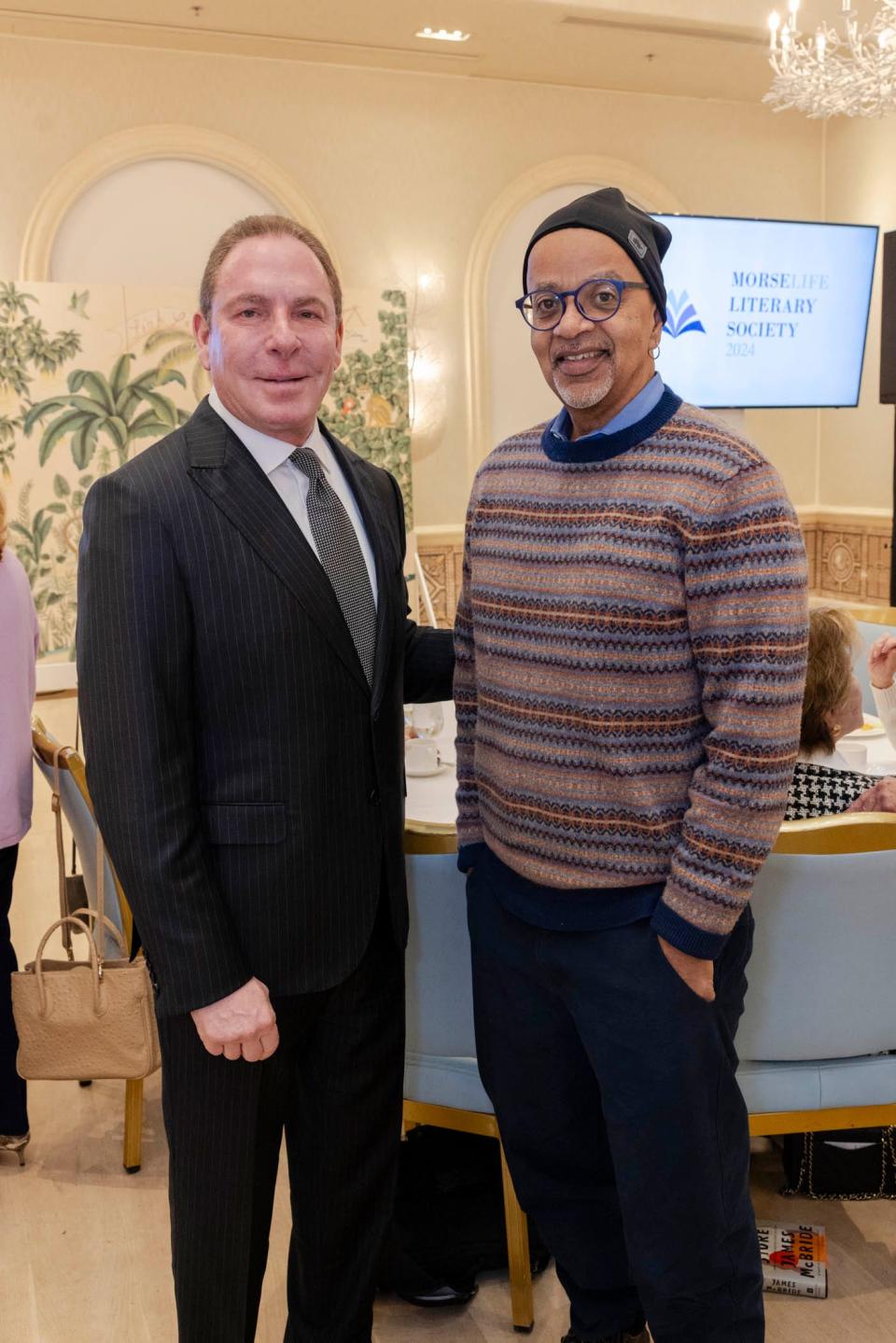 MorseLife president and CEO Keith Myers, left, and author James McBride at the MorseLife Literary Society's breakfast on Jan. 11 at The Colony Hotel in Palm Beach. McBride discussed his latest award-winning novel, "The Heaven & Earth Grocery Store."