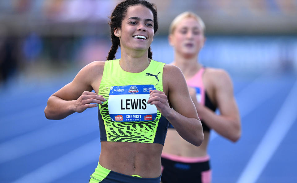 Torrie Lewis, pictured here after winning the 200m at the Australian track and field championships.