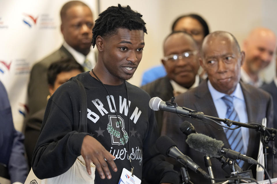 Michael Thompson, with Cities United, talks about getting young voters interested and registered to vote, during a voting rights news conference Tuesday, Sept. 20, 2022, in Houston. The National Nonpartisan Conversation on Voting Rights is holding meetings and seminars in Houston Tuesday and Wednesday. (AP Photo/David J. Phillip)