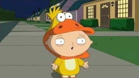 Stewie dressed as a duck.