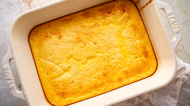 Southern spoonbread in baking dish