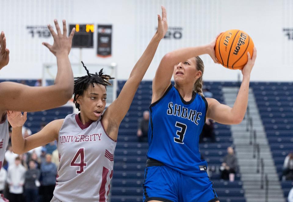 Rylee Drahos goes up with a shot. University defeats Shore Regional in NJSIAA Group 1 Championship game in Toms River on March 5, 2023. 