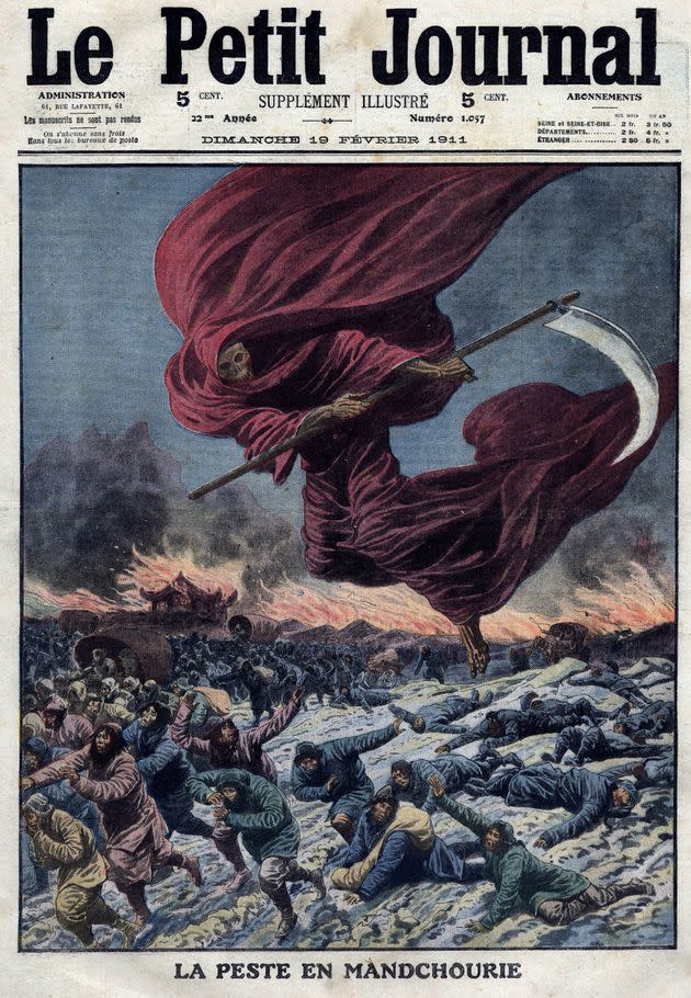 An illustration of the Reaper (allegory of death) above Manchuria, which was published in Le Petit Journal, in France, in 1911.