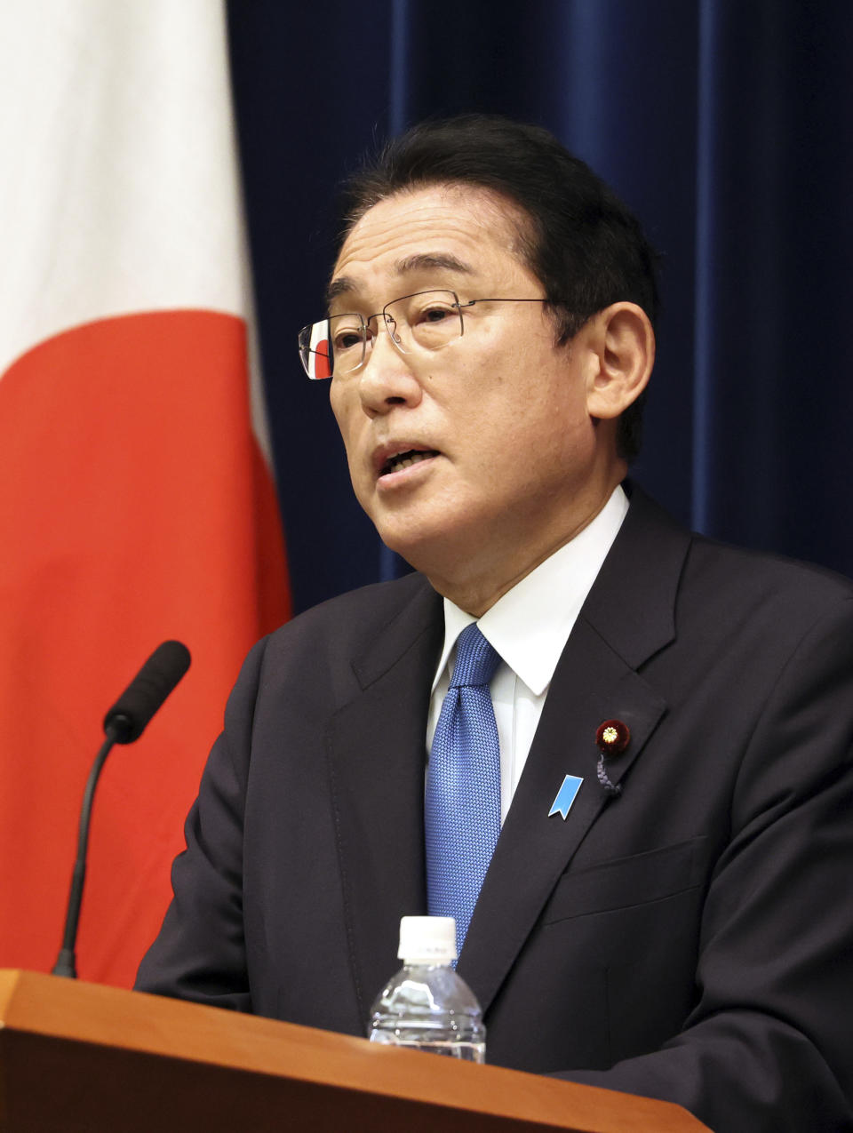 Japanese Prime Minister Fumio Kishida speaks during a news conference at his official residence in Tokyo, Friday Oct. 28, 2022. Kishida’s government approved Friday a hefty economic package that will include government funding of about 29 trillion yen ($200 billion) to soften the burden of costs from rising utility rates and food prices. (Yoshikazu Tsuno/Pool Photo via AP)