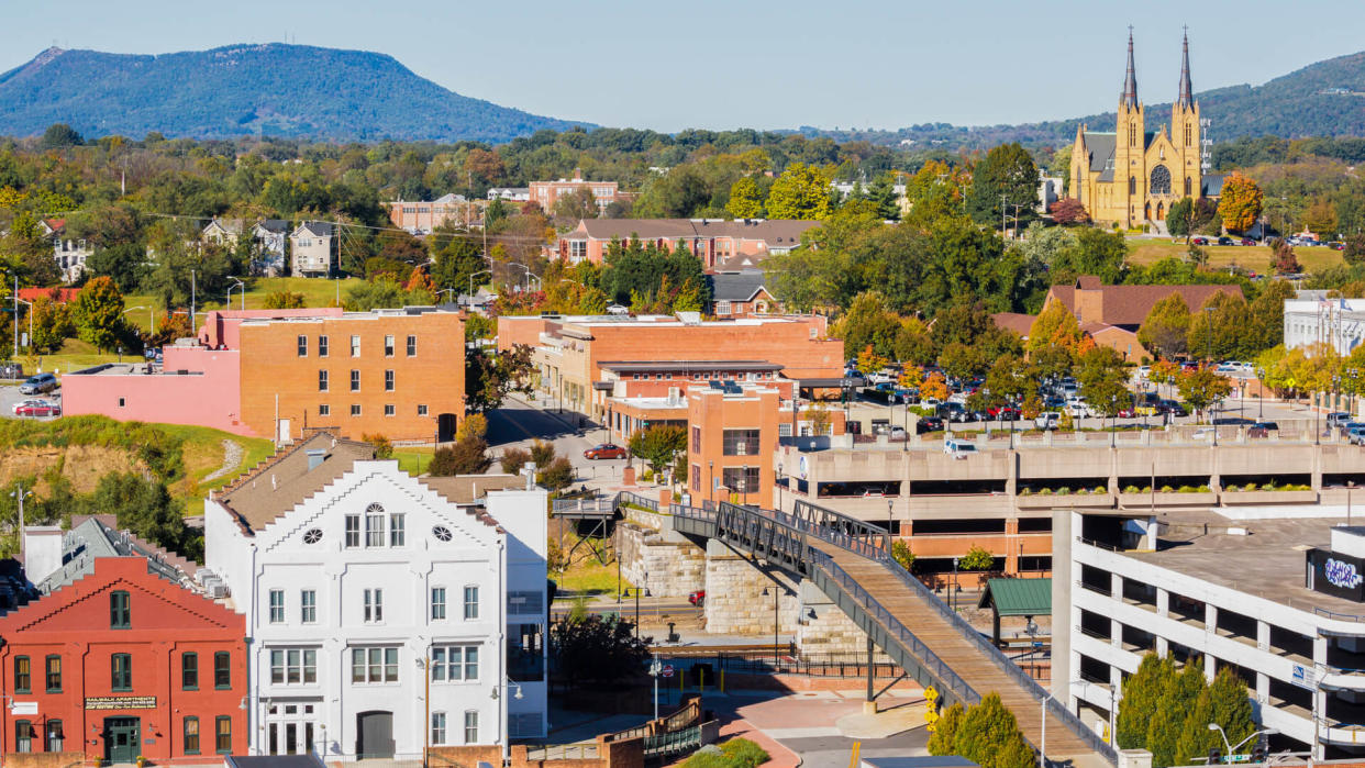 High angle view of Roanoke Virginia with famous church in the background -- St Andrews Catholic Church.